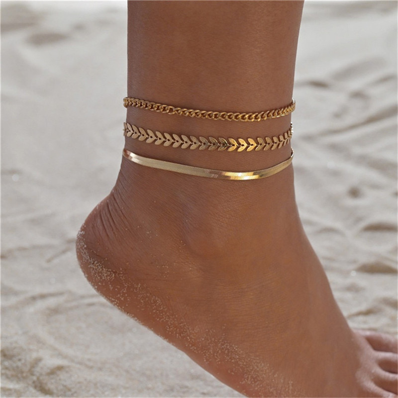 Fashion anklet three-piece flat snake wheat ear chain combination